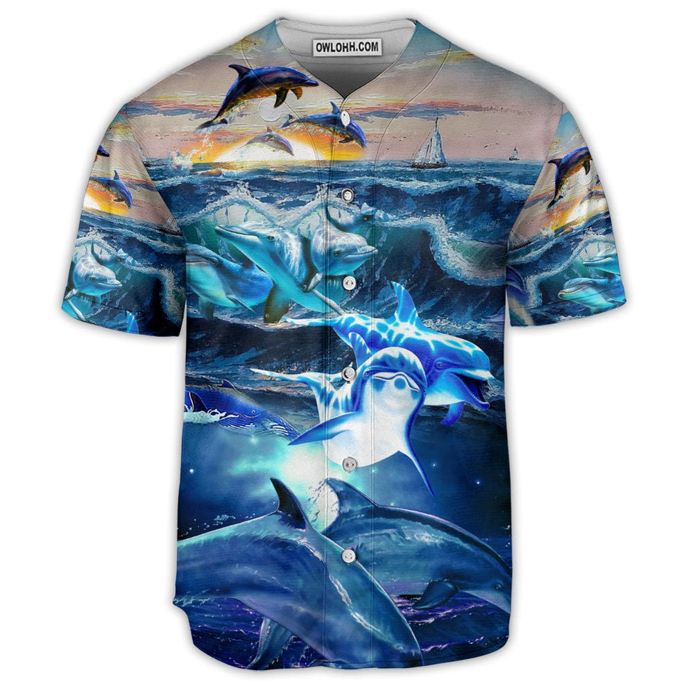 Dolphin Family Play With Wave  - Baseball Jersey