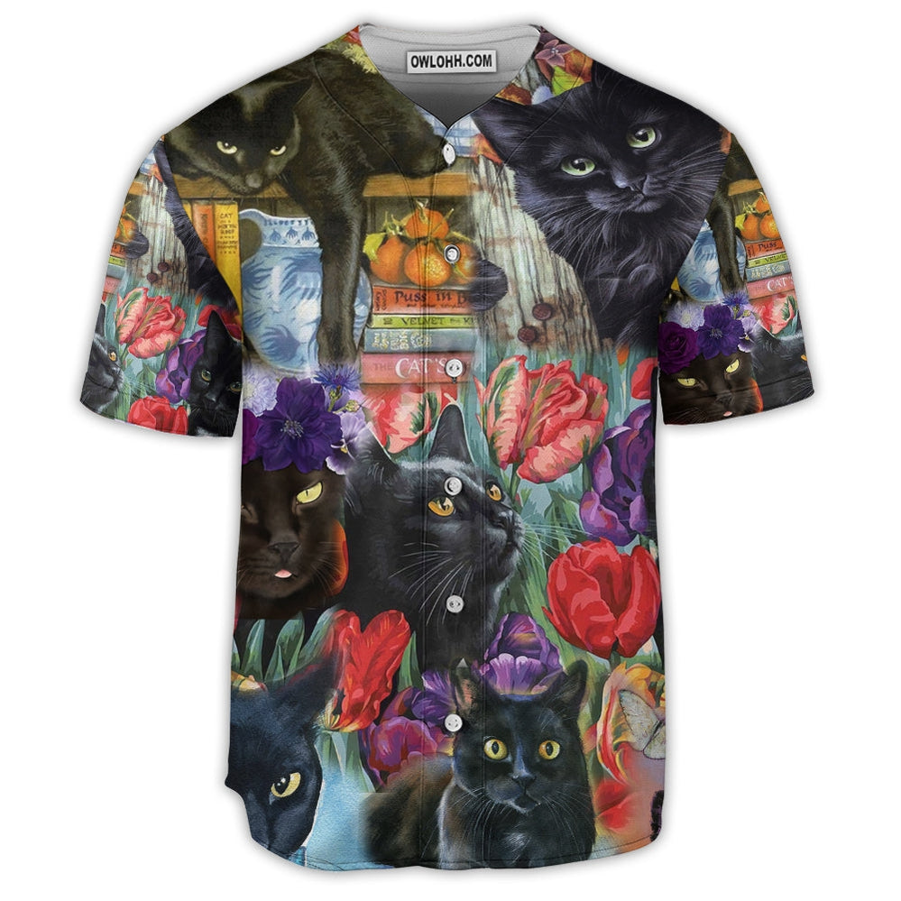 Black Cat Art With Flowers - Baseball Jersey  - Chic Loom