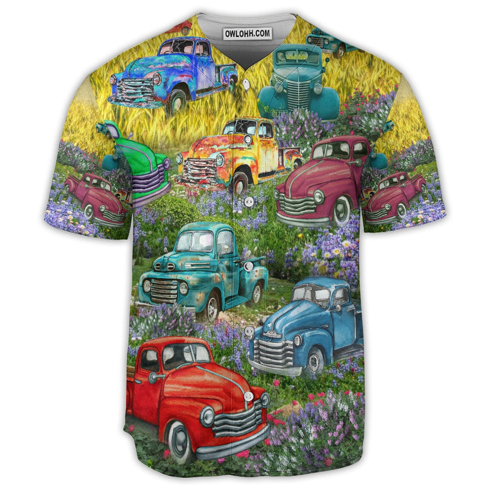 Truck Car Pickup Trucks This Is How I Roll In Flower Field - Baseball Jersey  - Chic Loom