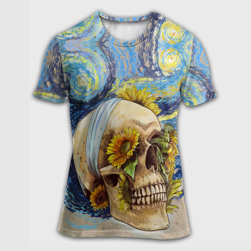 Skull And Sunflower Vintage Amazing Starry Night - 3D T-shirt - Chic Loom