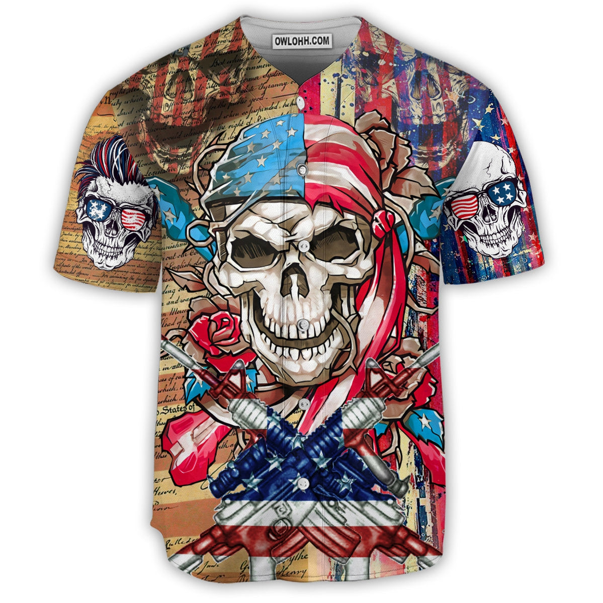 Skull Patriotic Flower America - Baseball Jersey - Chic Loom