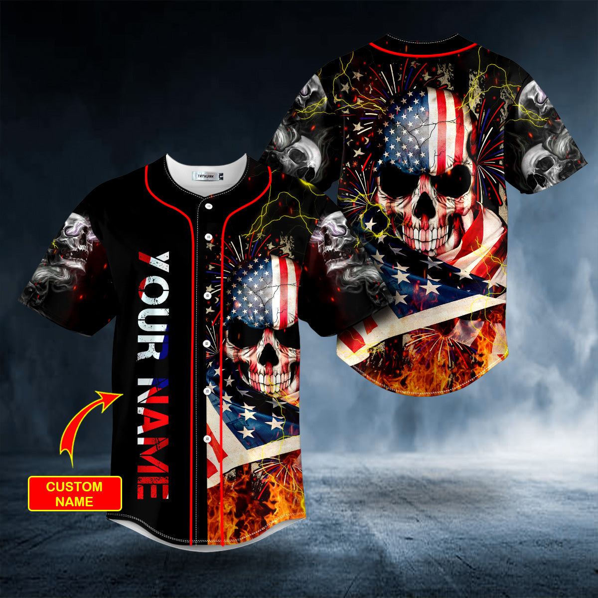 American Flag Firework Lightning Fire Skull Custom Baseball Jersey Shirts - Sport Shirts For Men - Personalized Shirt
