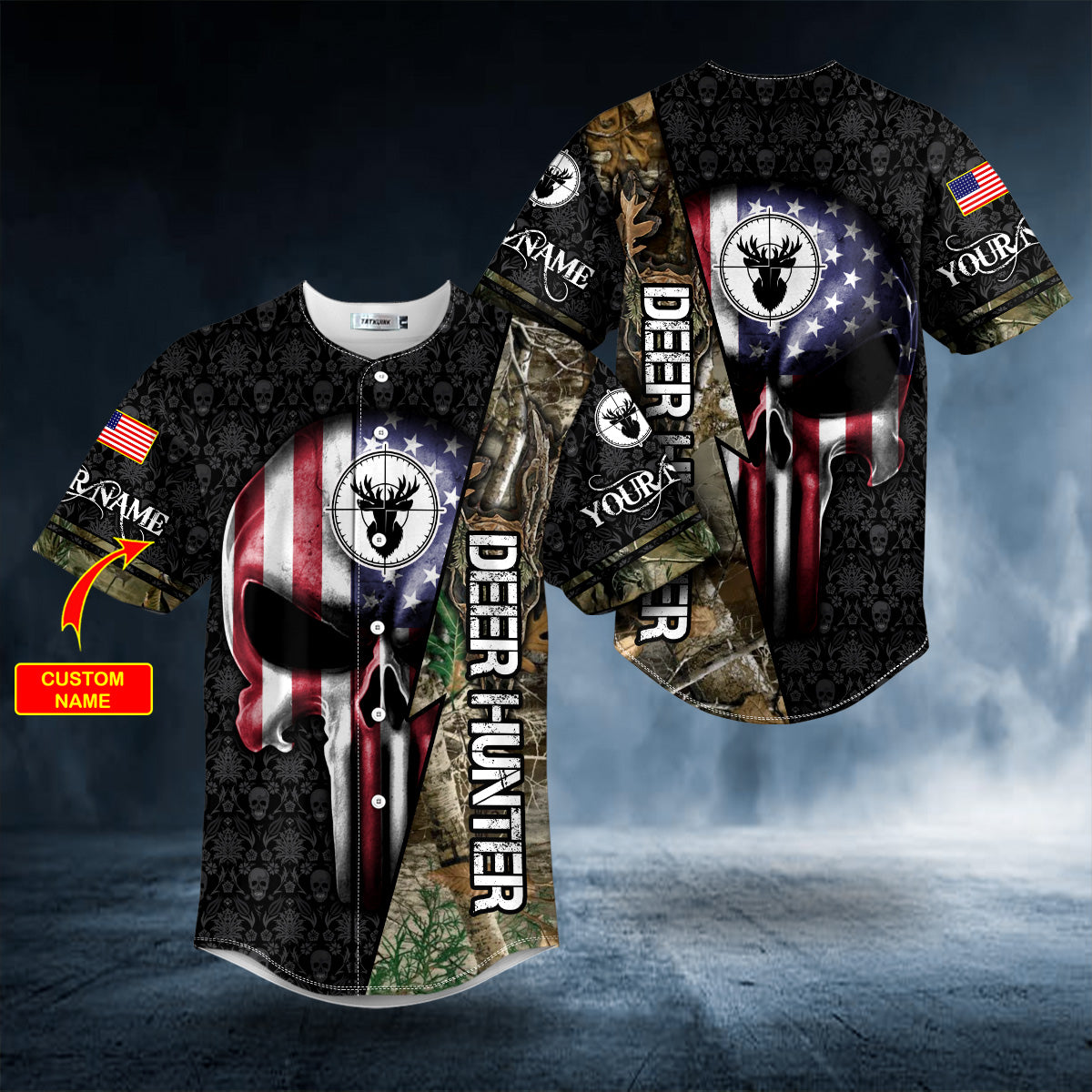 American Skull Flag Deer Hunter Custom Baseball Jersey