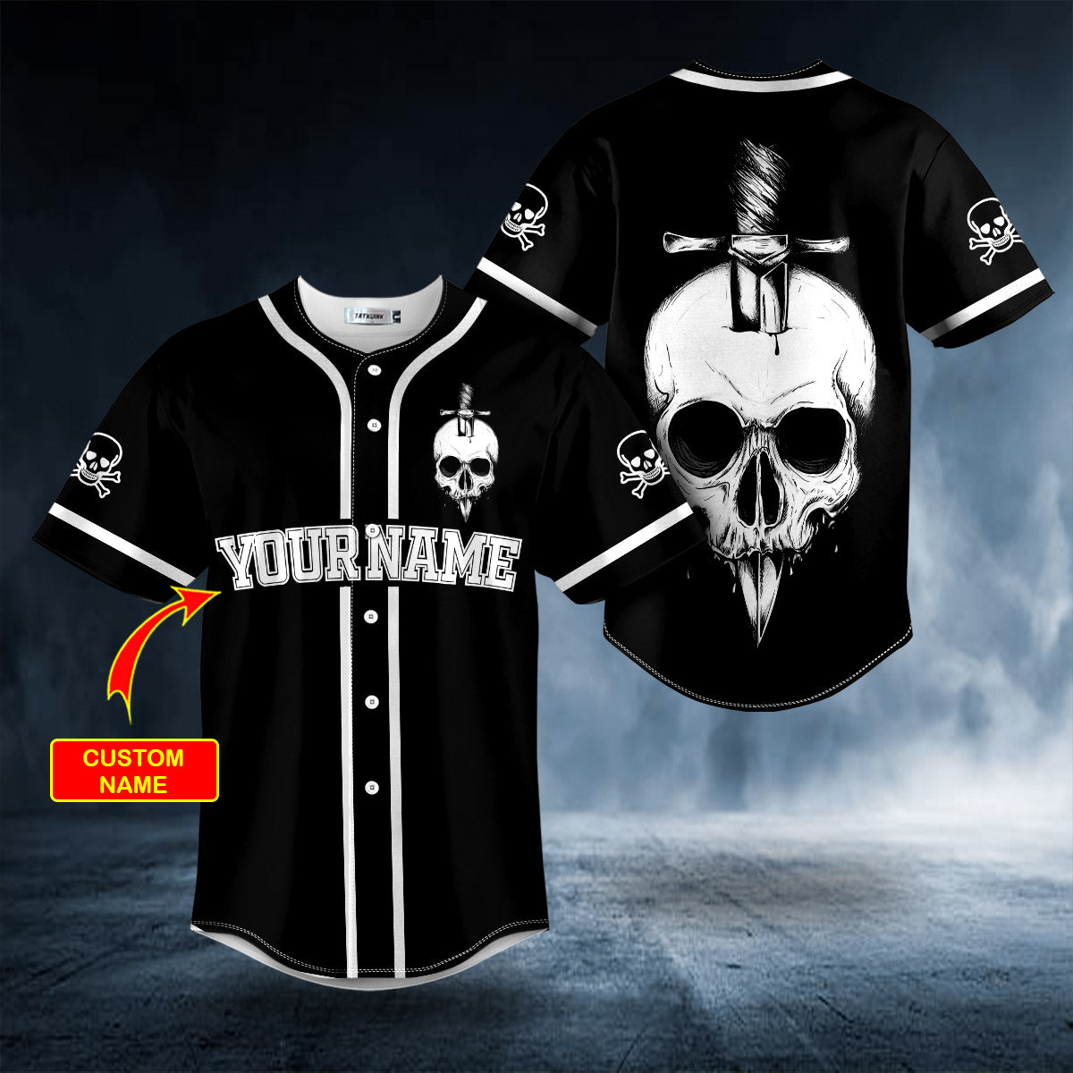 Black White A Knife Through A Skull Custom Baseball Jersey