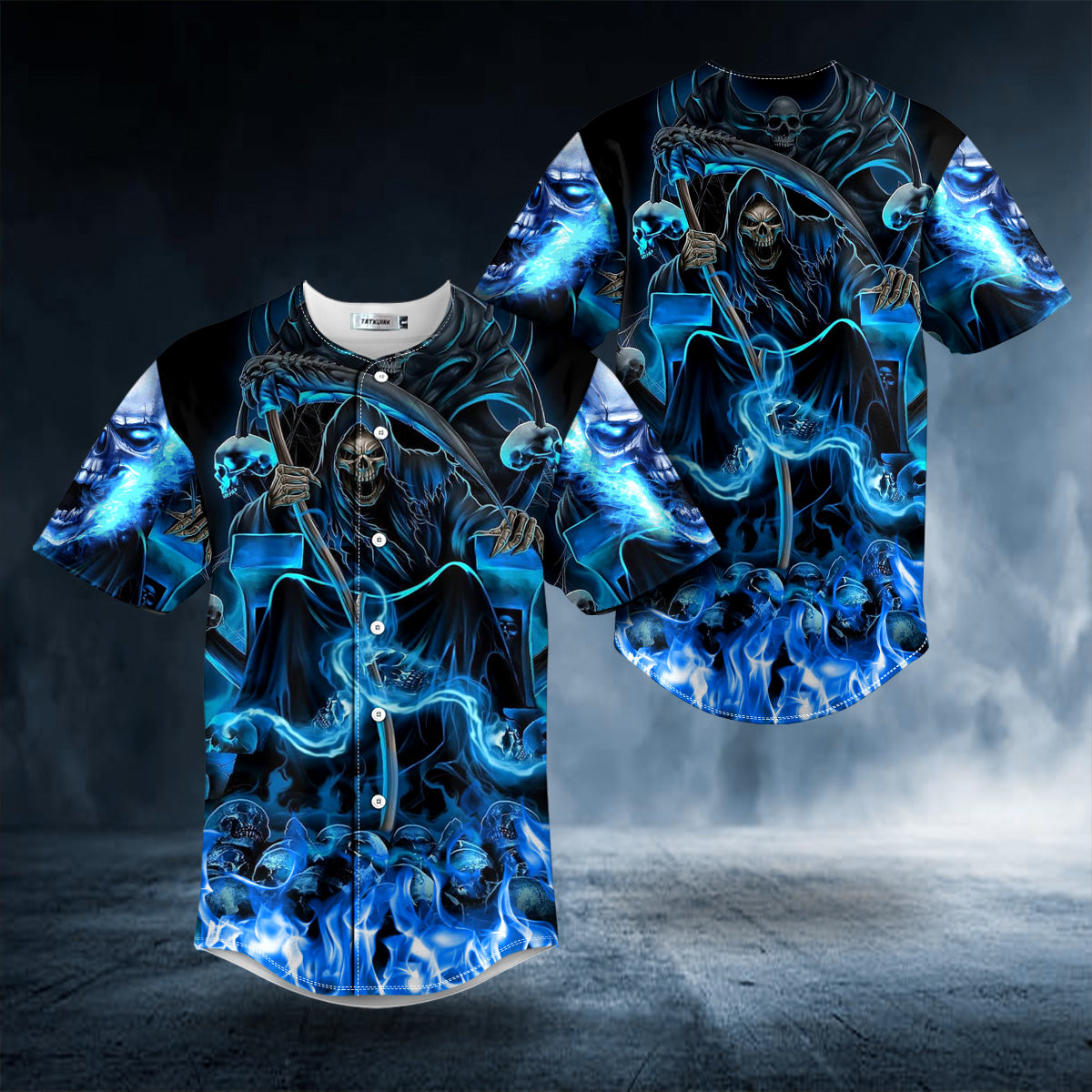Blue Fire Grim Reaper Skull Baseball Jersey Shirts - Mens Sport Shirts - Meaningful Gifts For Him