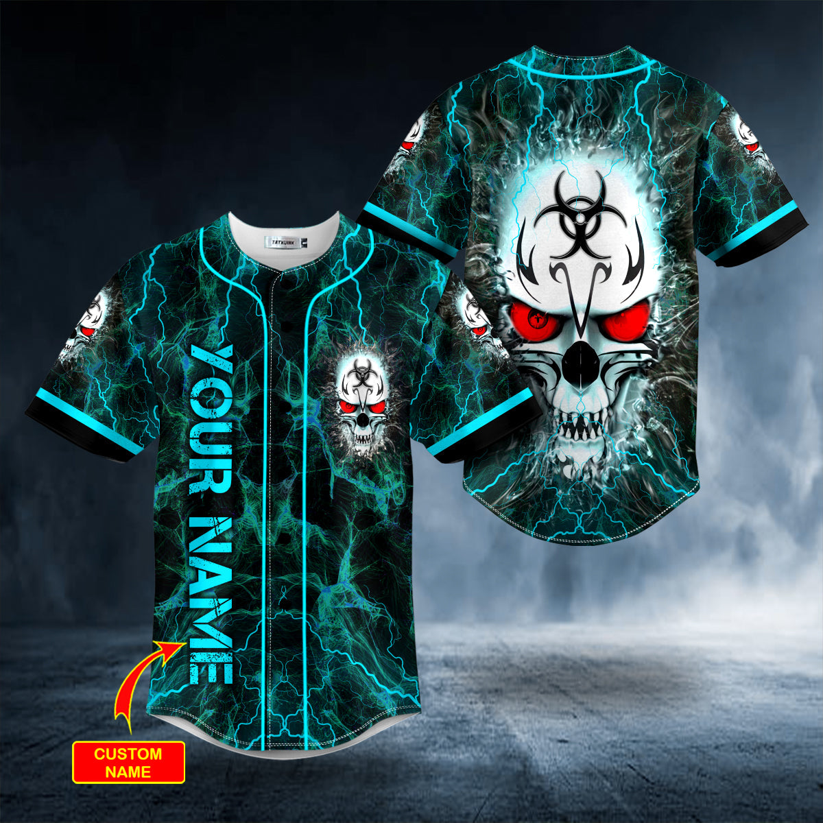 Blue Lightning Biohazard Red Eyes Skull Custom Baseball Jersey Shirts - Sport Shirts For Men - Personalized Shirt