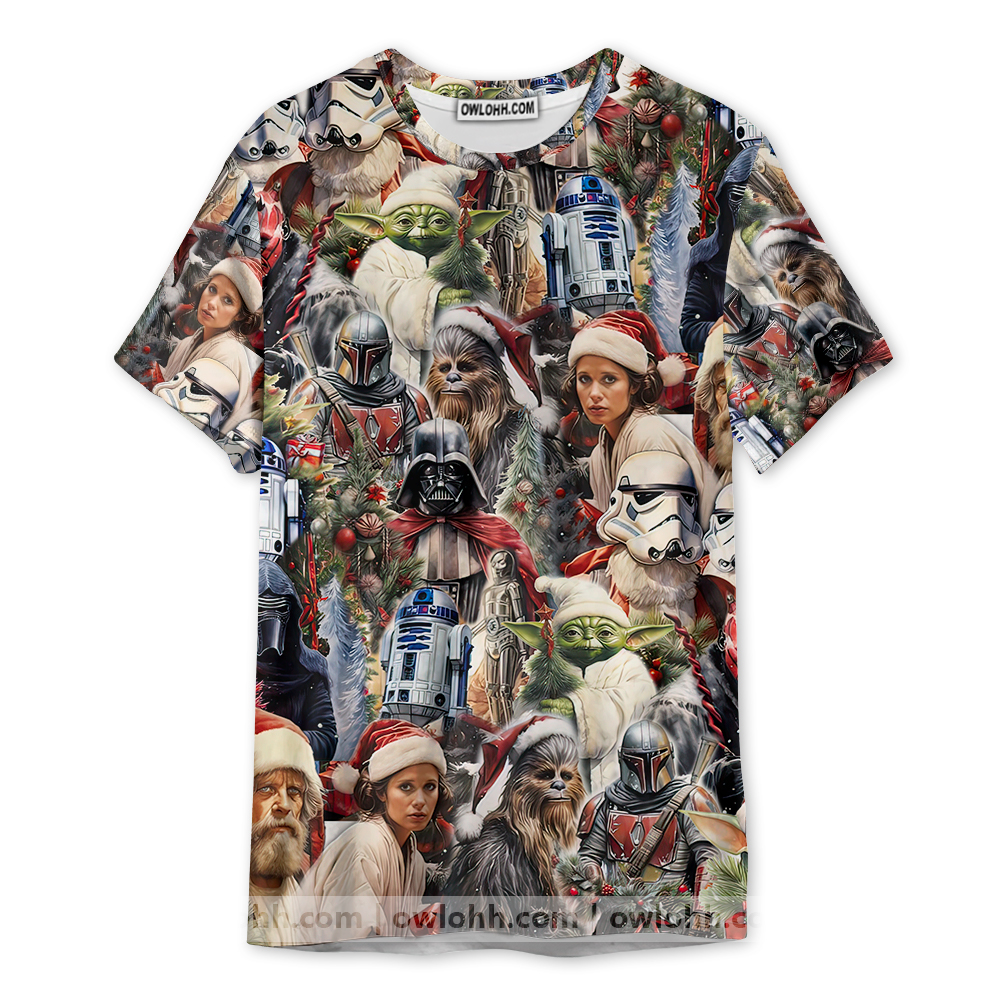 Christmas Star Wars With Santa Hat And Christmas Trees Darth Vader Yoda Chewbacca R2D2 Grogu Leia Luke - Unisex 3D T-shirt - Chic Loom