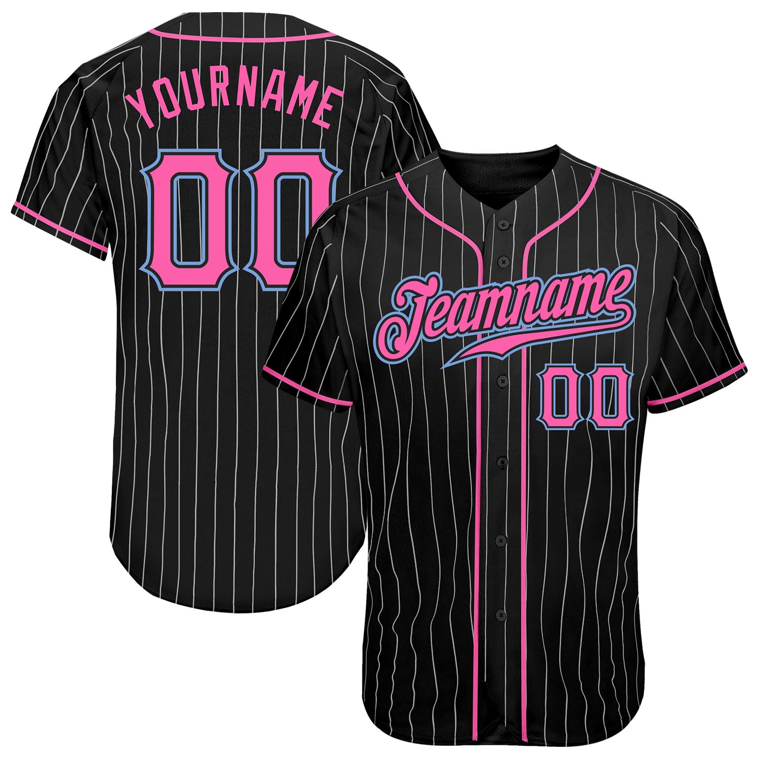 Custom Black White Pinstripe Pink-Light Blue Authentic Baseball Jersey For Men and Women - OwlOhh