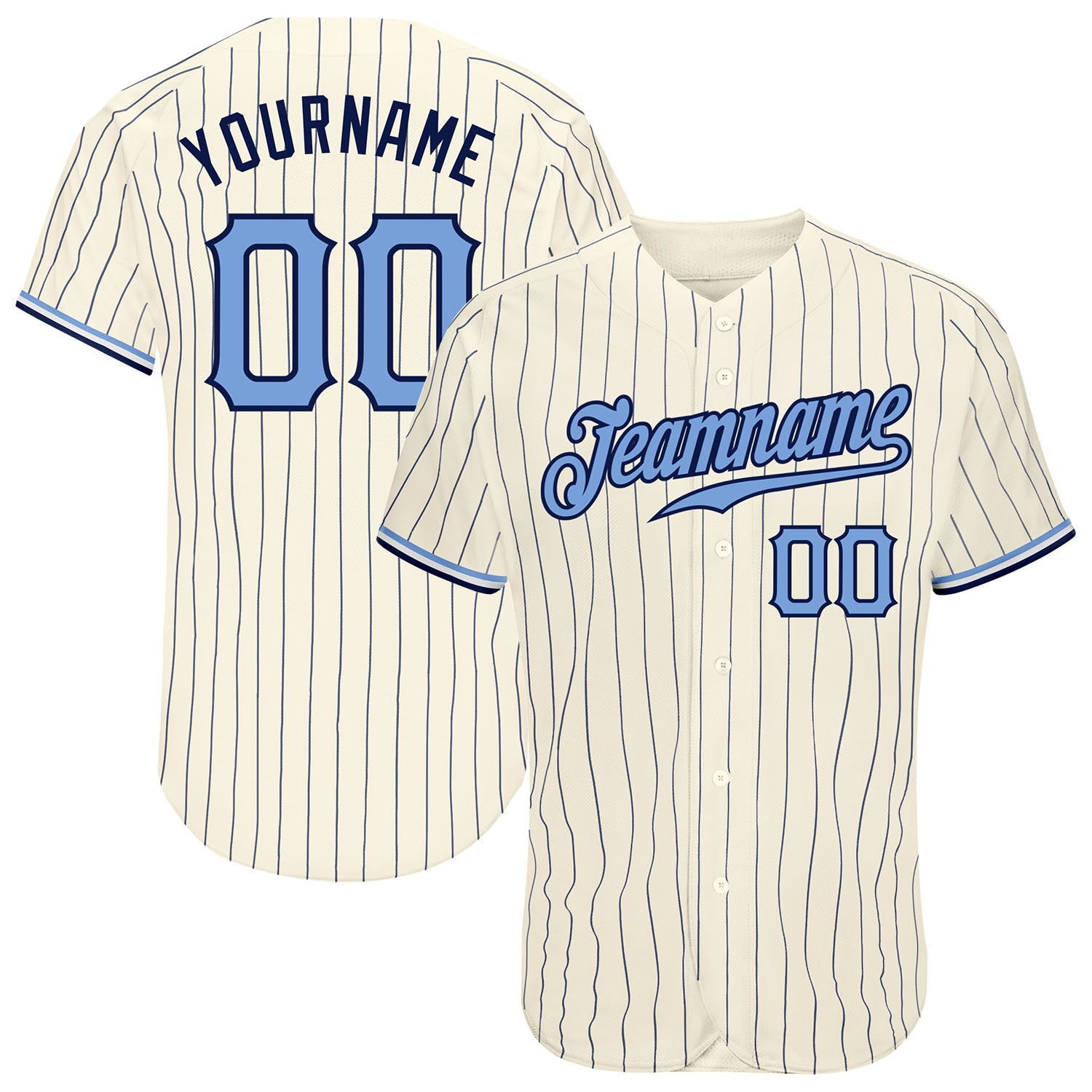 Custom Cream Navy Pinstripe Light Blue-Navy Authentic Baseball Jersey For Men and Women - OwlOhh