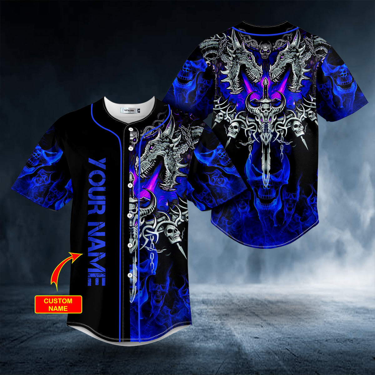 Dark Blue Dragon With Skull Sword Custom Baseball Jersey