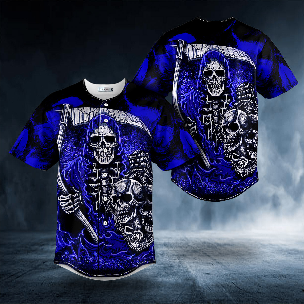 Dark Blue Fatal Shears Grim Reaper Skull Baseball Jersey