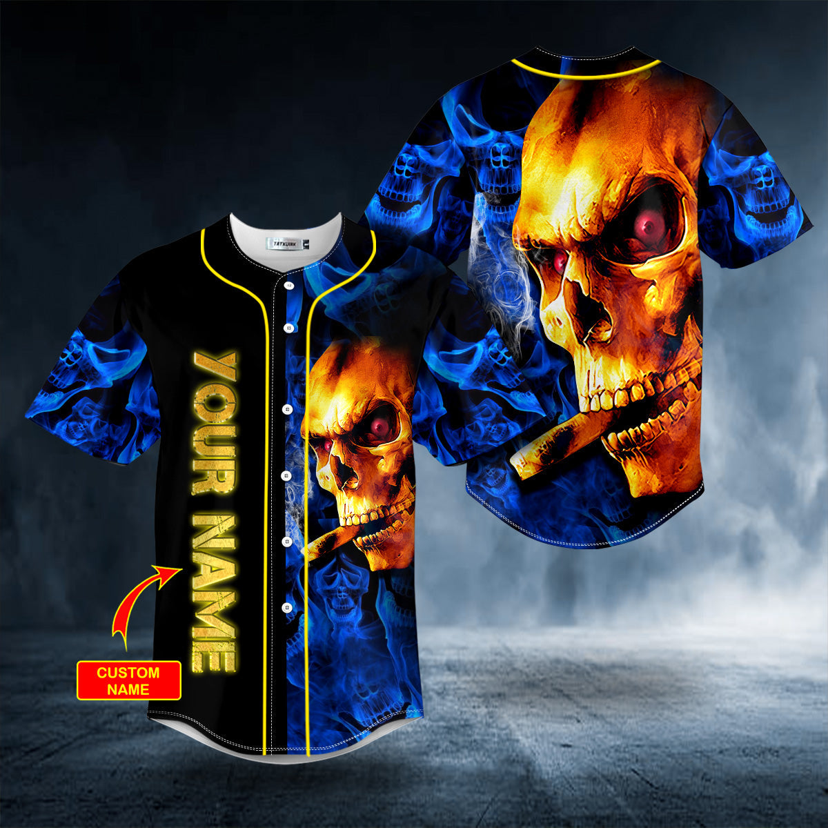 Golden Smoking Blue Smoke Skull Custom Baseball Jersey Shirts - Sport Shirts For Men - Personalized Shirt