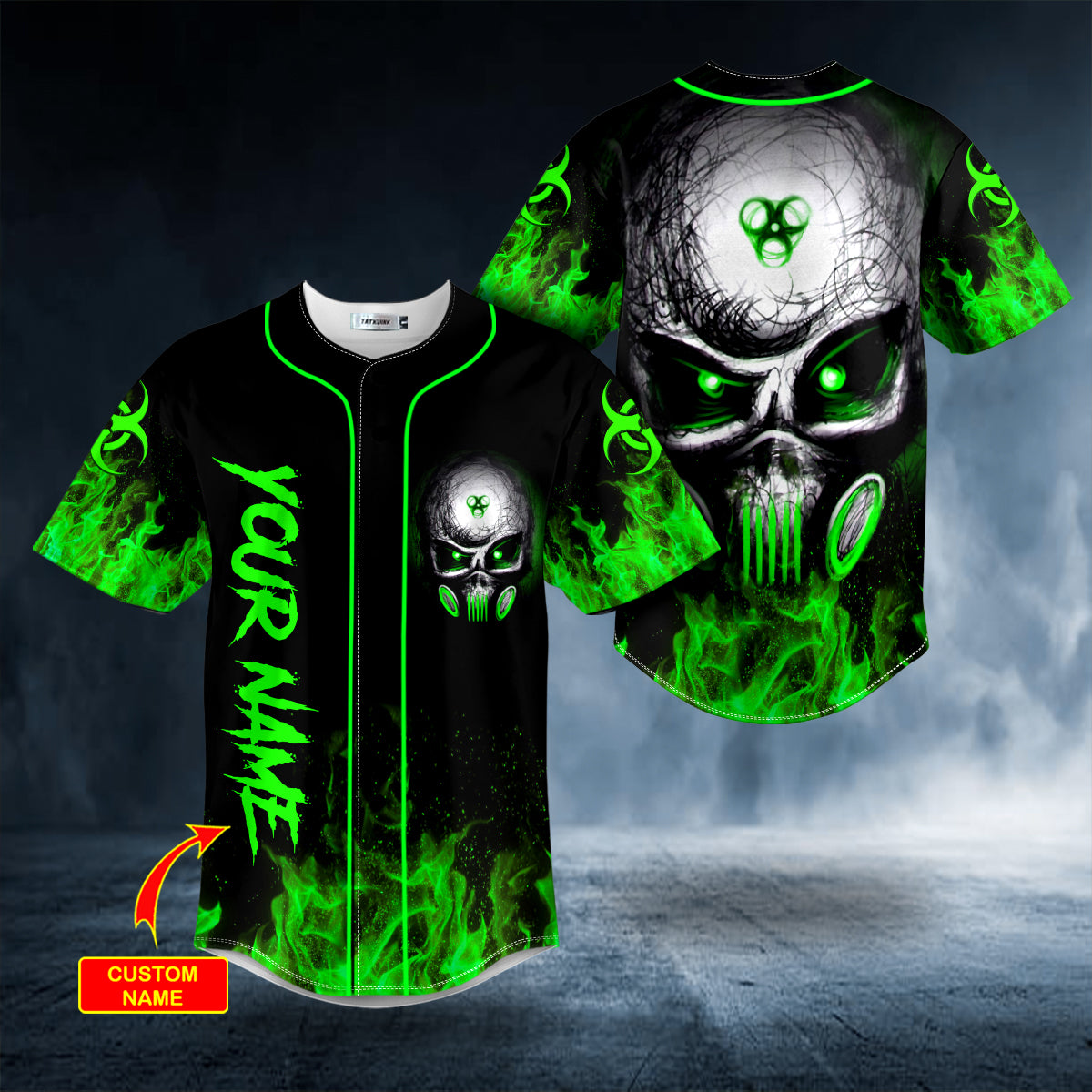 Green Eyes Biohazard Skull Custom Baseball Jersey
