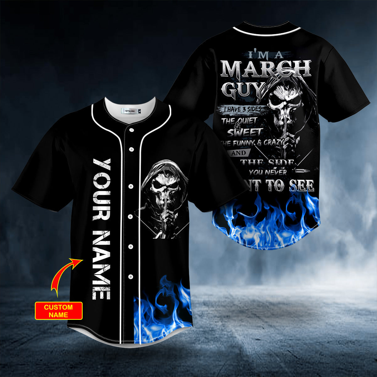 March Guy Blue Fire Skull Custom Baseball Jersey Shirts - Sport Shirts For Men - Personalized Shirt
