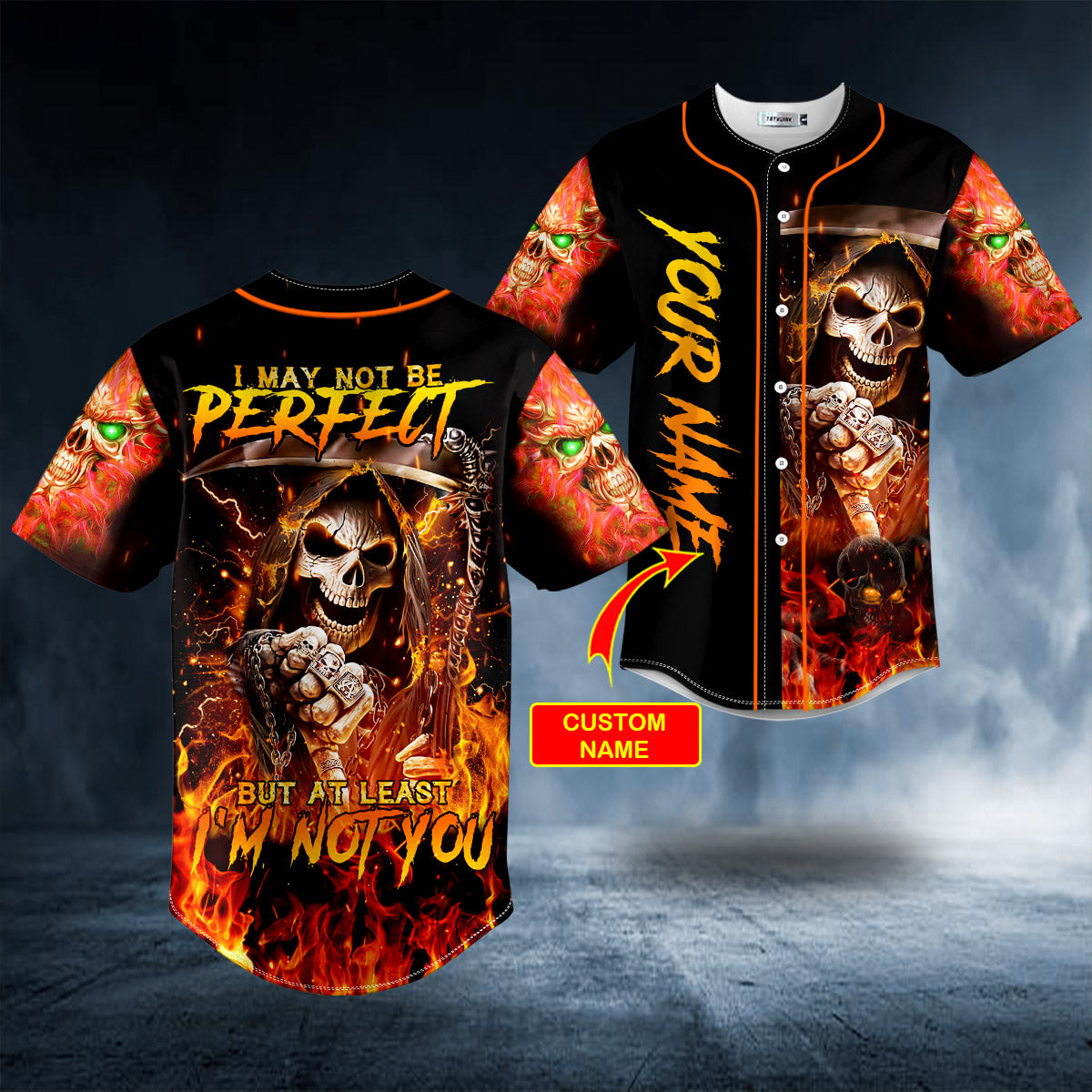 Not Be Perfect But Not You Flaming Metal Grim Reaper Skull Custom Baseball Jersey