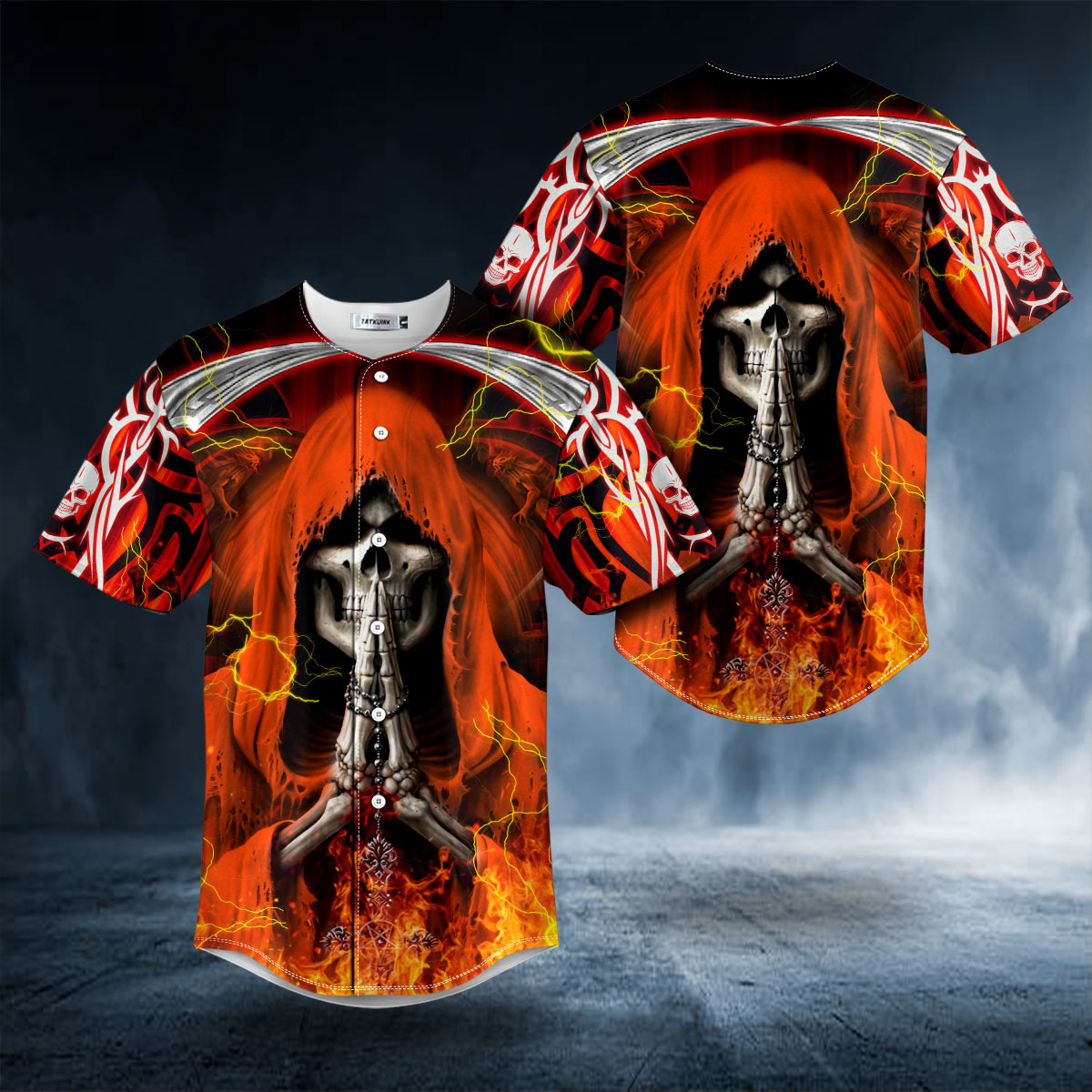 Orange Grim Reaper Prayer Fire Skull Baseball Jersey