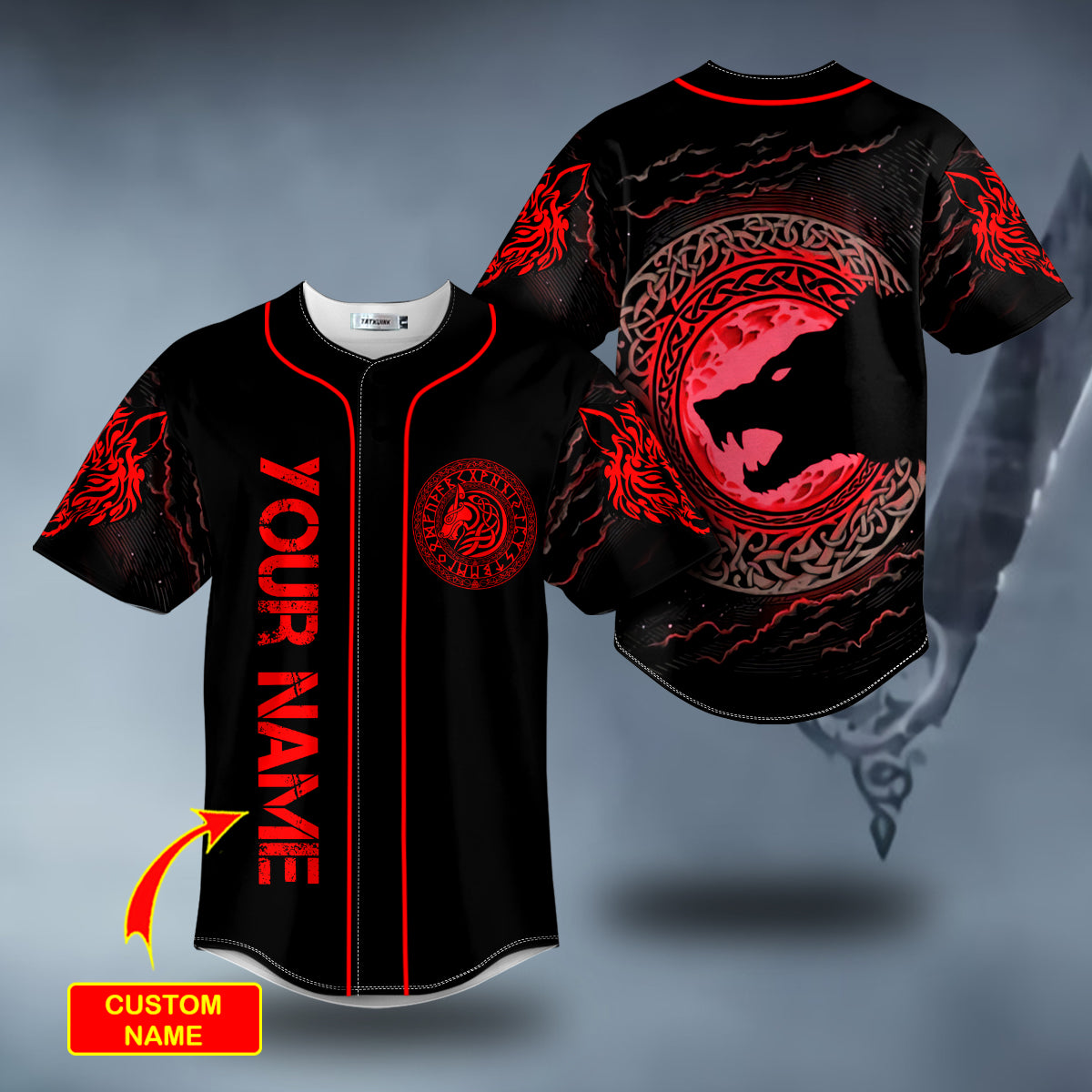 Red Moon Wolf Viking Tattoo Custom Baseball Jersey