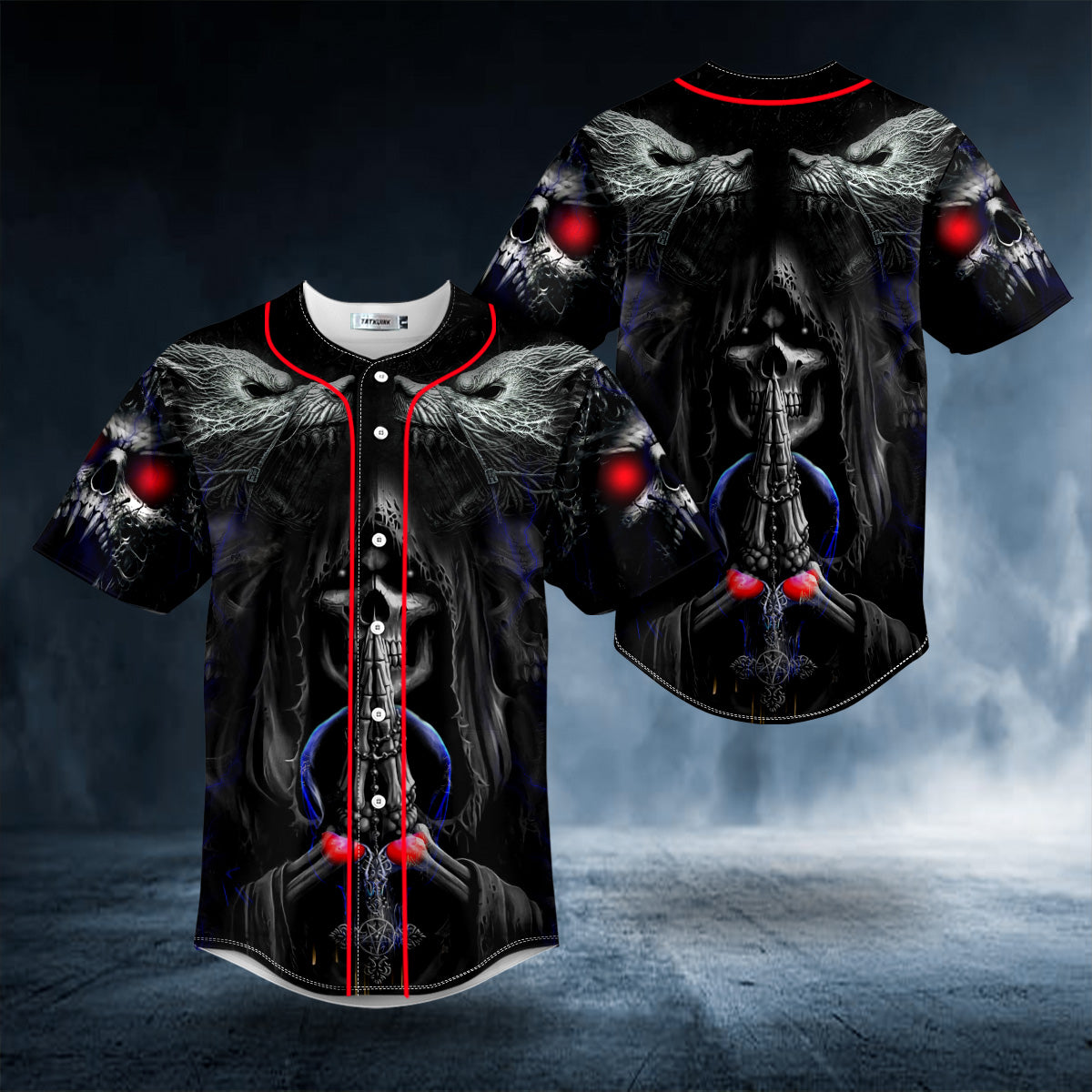 Red Neckline Werewolves Viking Reaper Prayer Skull Baseball Jersey