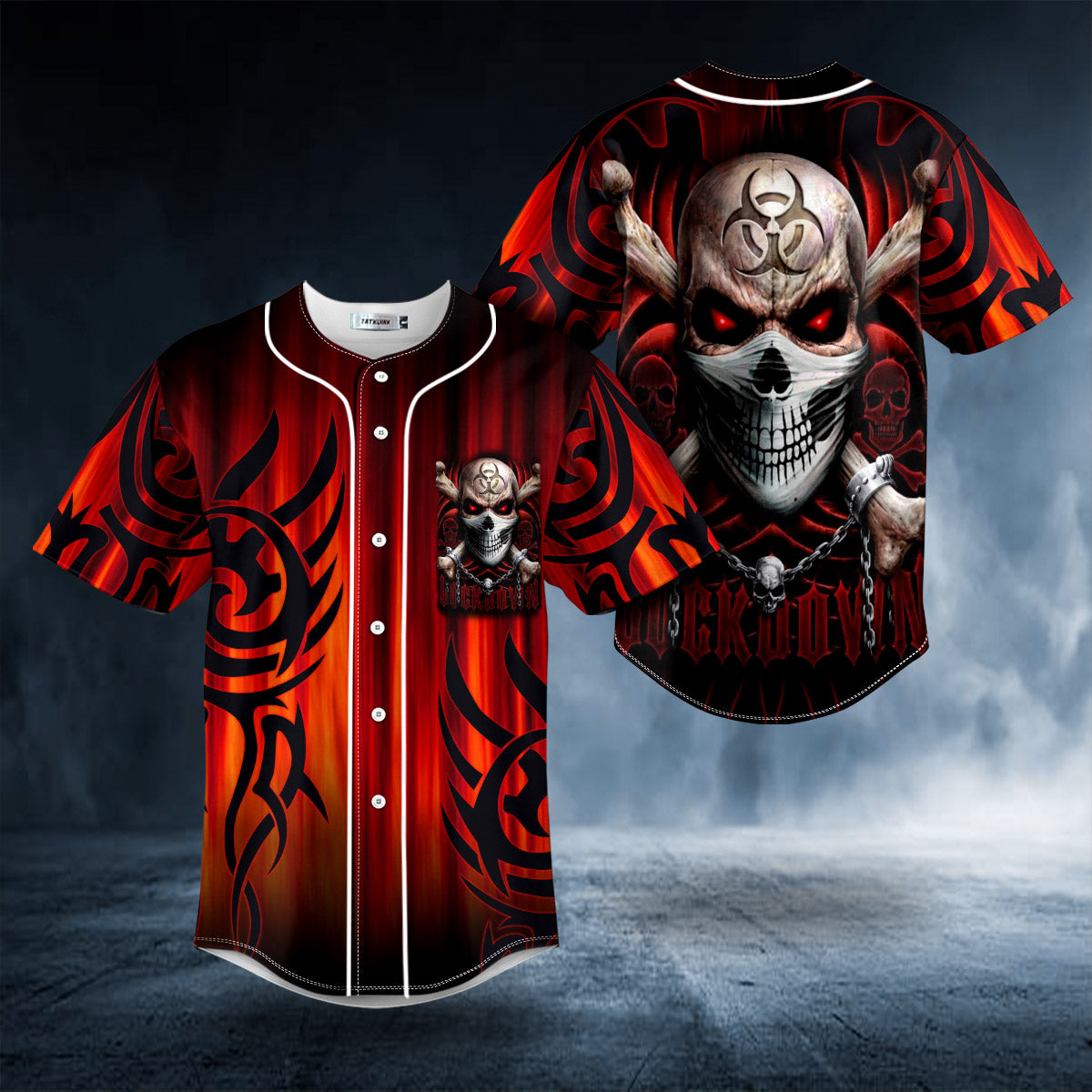 Red Tribal Tattoos Lockdown Biohazard Skull Baseball Jersey Shirts - Mens Sport Shirts - Meaningful Gifts For Him