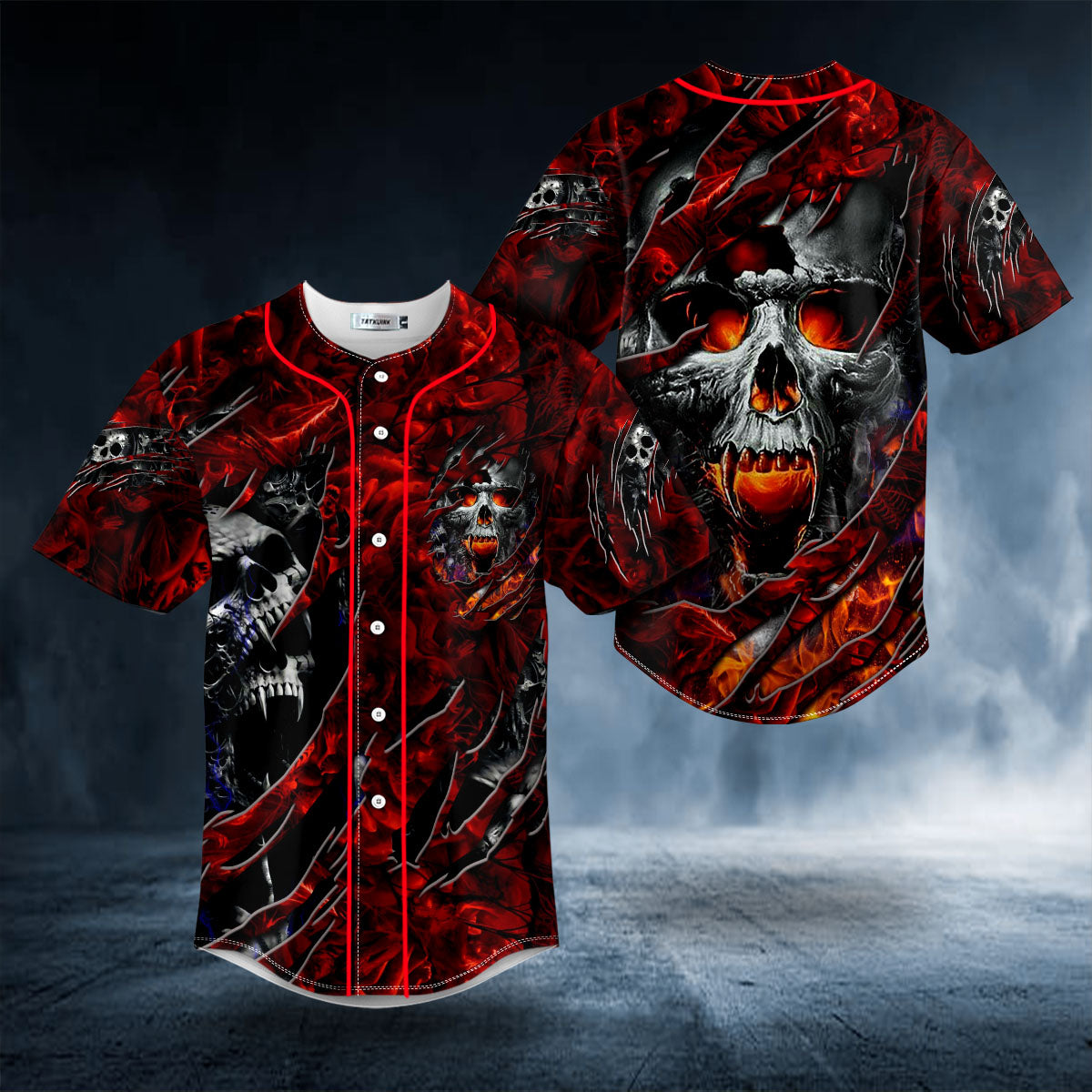 Ripped Fire Eyes Vampire Skull Baseball Jersey