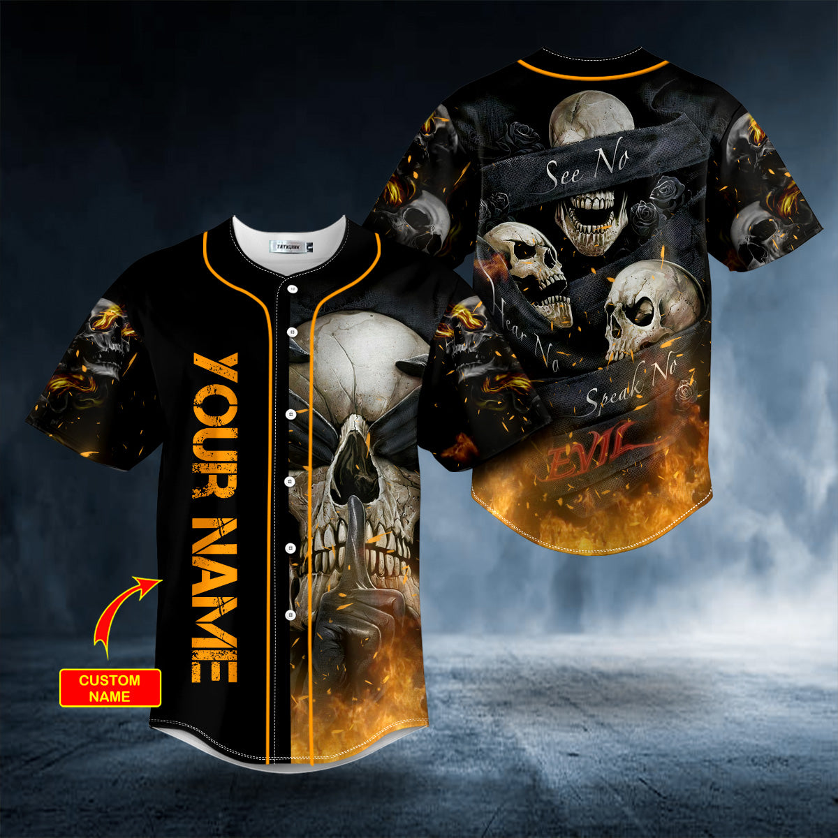 See Hear Speak No Evil Fire Skull Custom Baseball Jersey