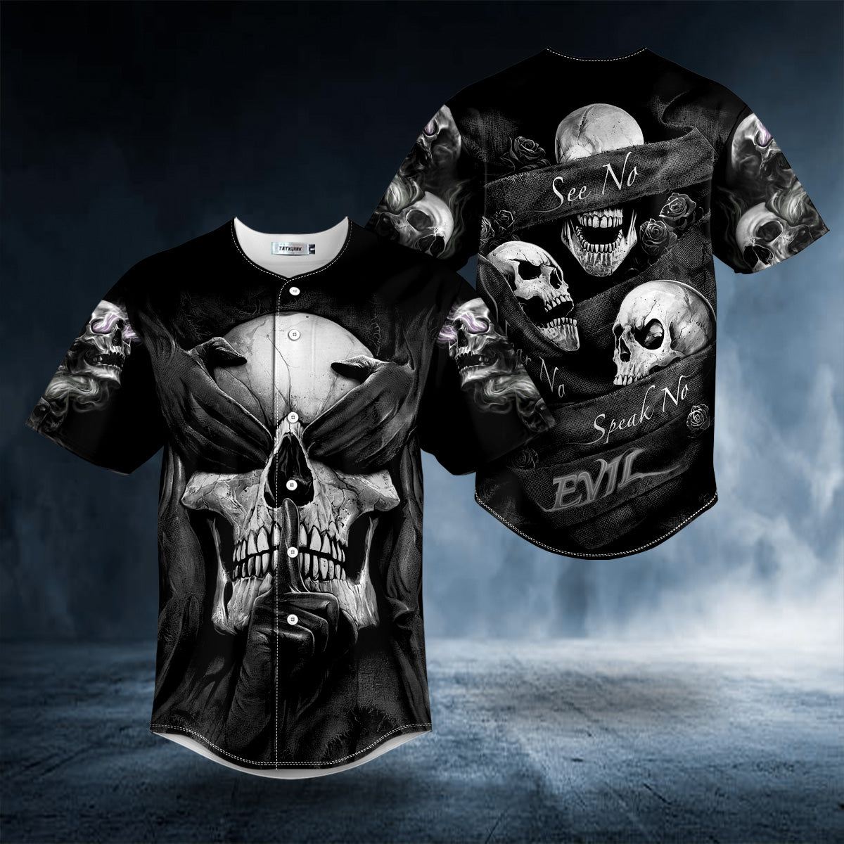 See No Evil Hear No Evil Speak No Evil Skull Baseball Jersey