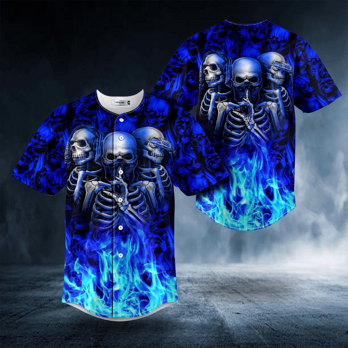 See No Hear No Speak No Evil Blue Liquid Skull Baseball Jersey