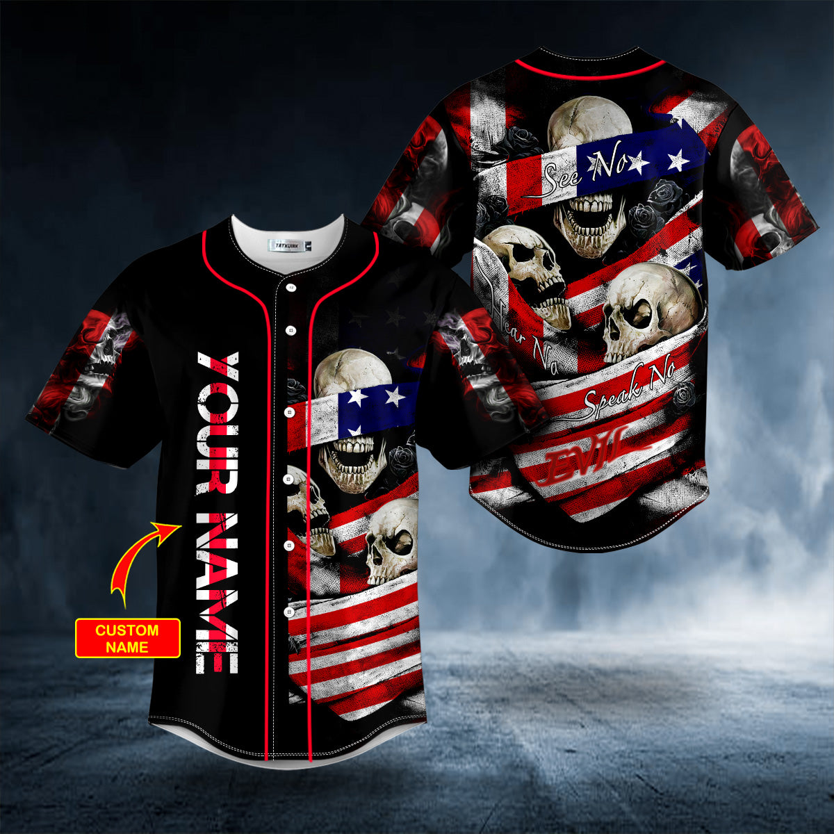 See No Hear No Speak No Evil USA Flag Skull Custom Baseball Jersey