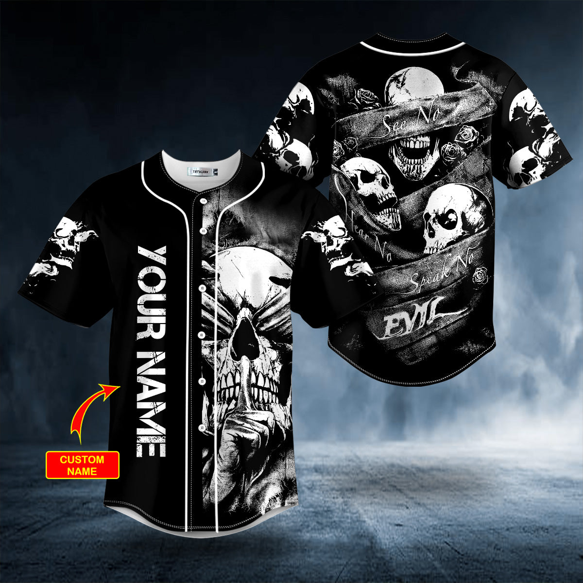 See No Hear No Speak No Evil Vintage Skull Custom Baseball Jersey