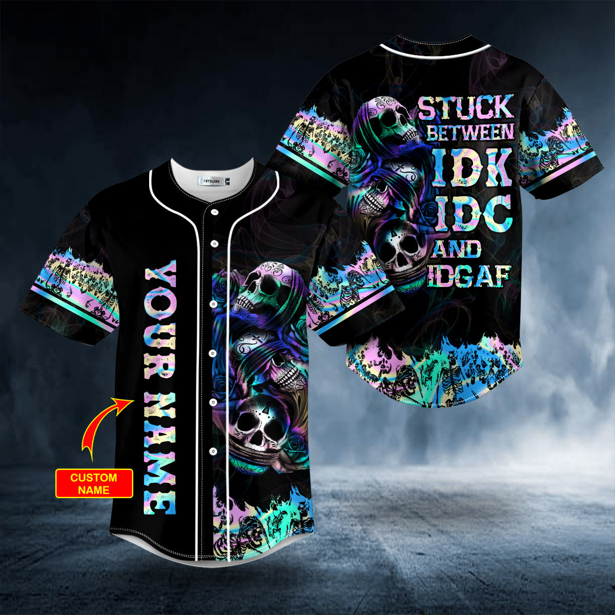 Stuck Between IDK IDC And IDGAF Skull Custom Baseball Jersey