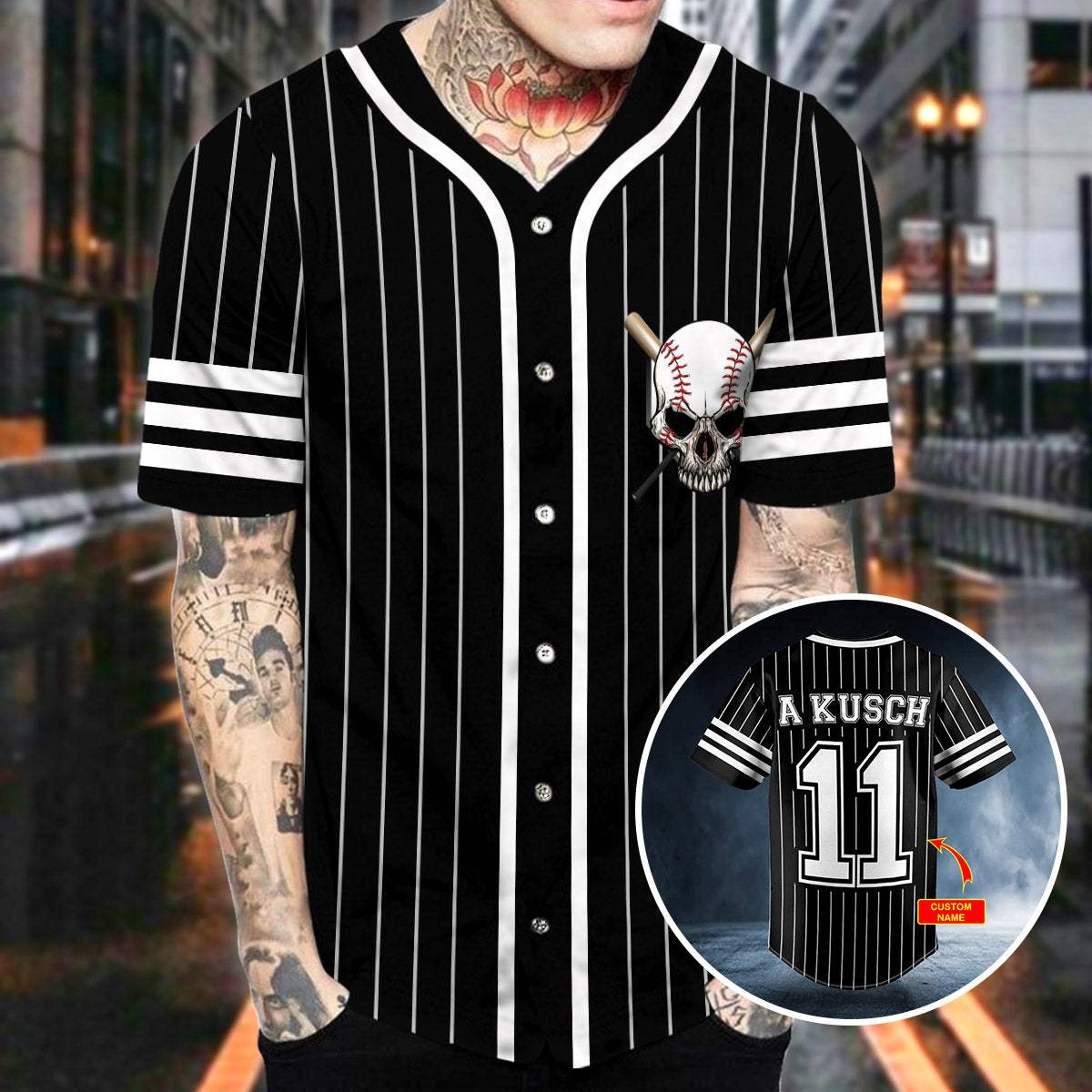 White Black Stripes No 11 Skull Personalized Baseball Jersey Shirts - Sport Shirts For Men - Personalized Shirt