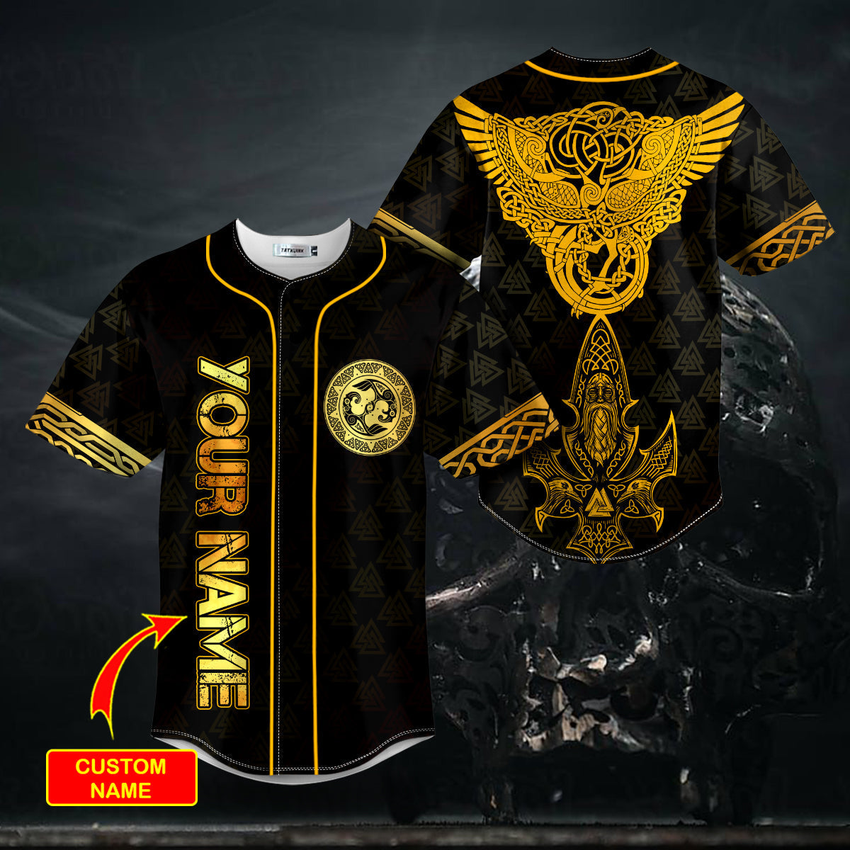 Yellow Raven Viking King Odin Tattoo Custom Baseball Shirts - Baseball Jersey Shirts - Sport Shirts For Men
