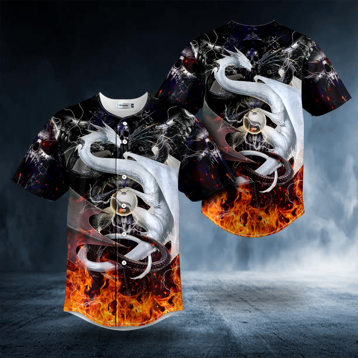 Yin-Yang Dragons Fire Skull Baseball Jersey Shirts - Mens Sport Shirts - Meaningful Gifts For Him