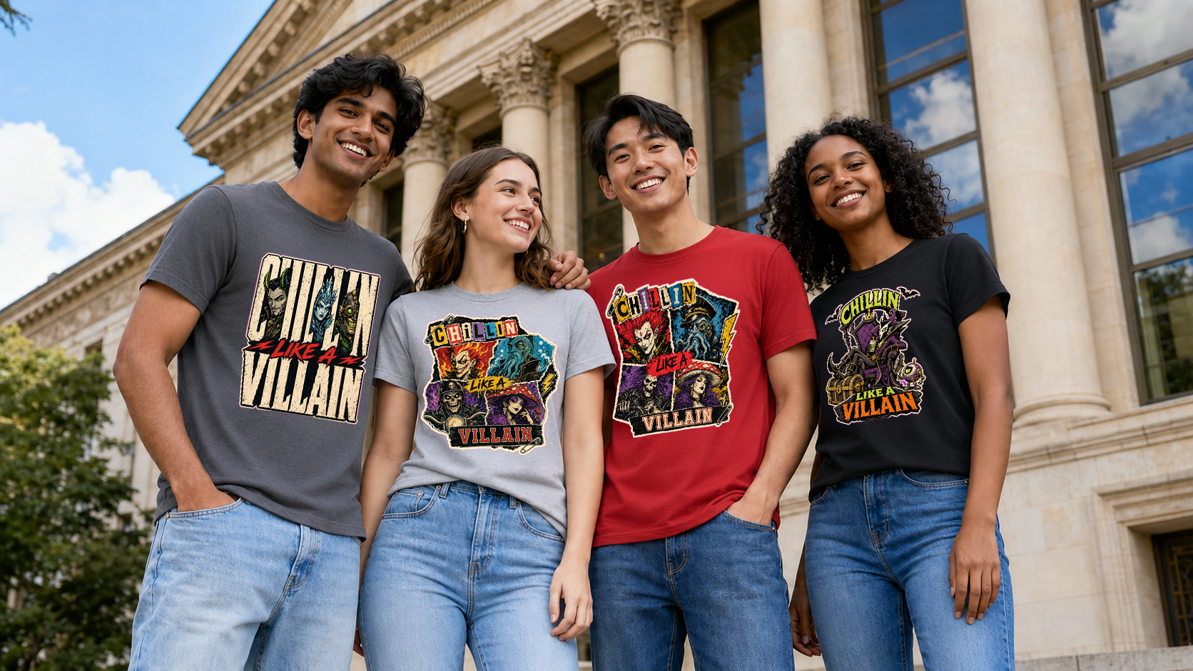 Group of four friends wearing graphic t-shirts outdoors in front of a university building