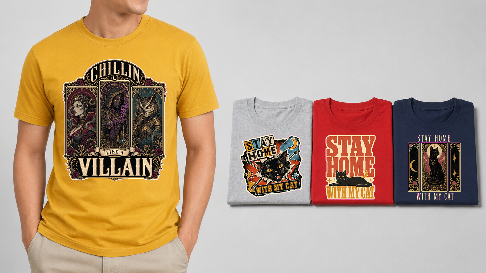 Man wearing a yellow graphic t-shirt next to folded t-shirts in grey, red, and navy