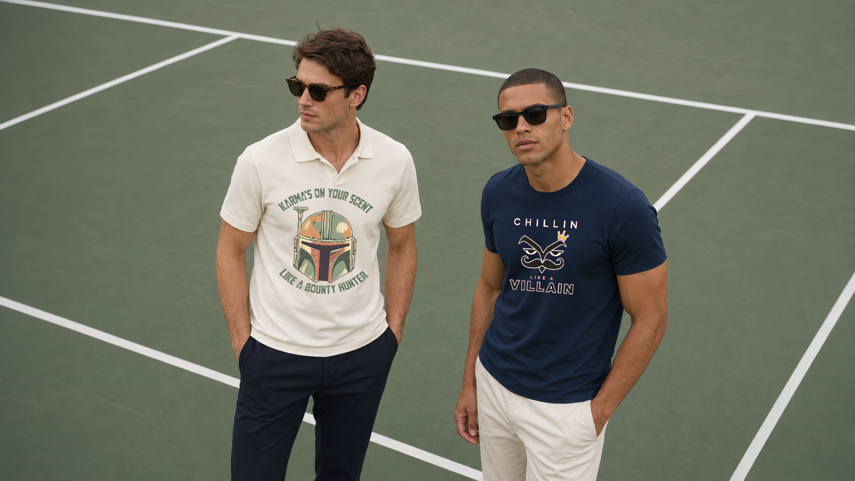 Two men in casual polo and t-shirt standing on a tennis court